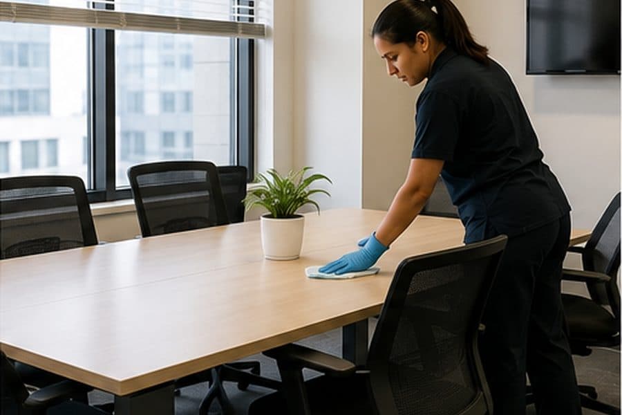 A cleaner wiping down a boardroom table in a professional office