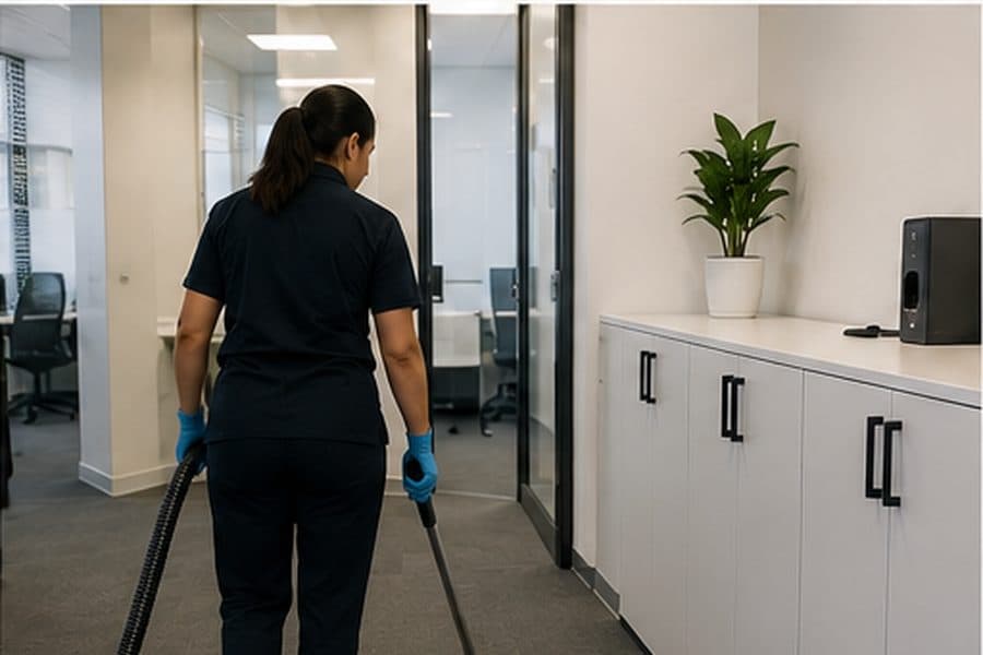 A cleaner vacuuming the floor in an office corridor