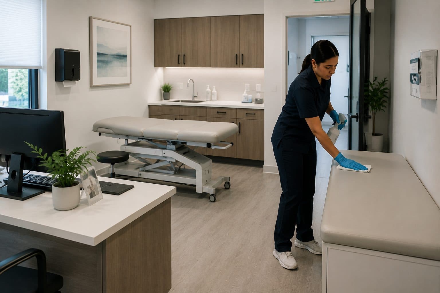 A cleaner wiping a counter in a clinic treatment room